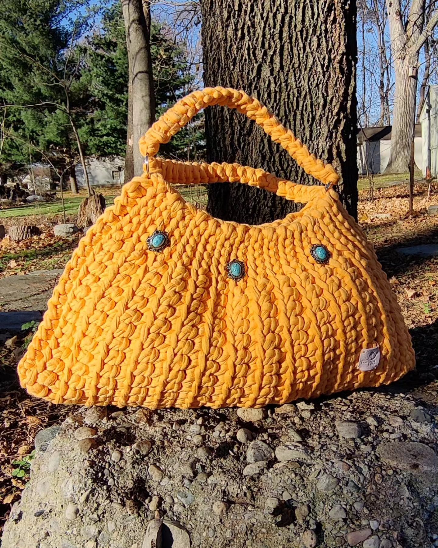 Citrus orange crochet tote with turquoise stones